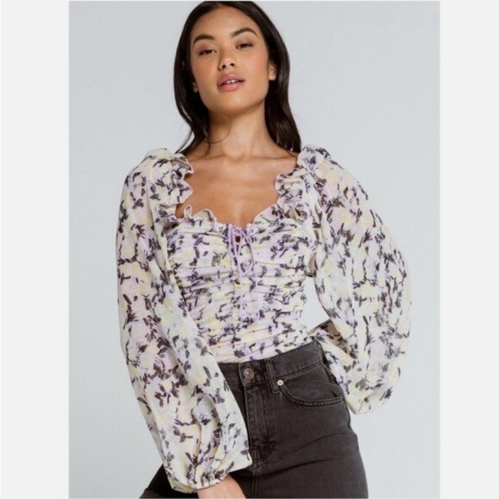 Free People Mabel Printed Yellow Blouse in Lilac size XS